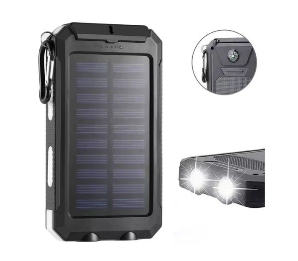 20.000 mAh Powerbank med Solcelle, lommelygte & kompas